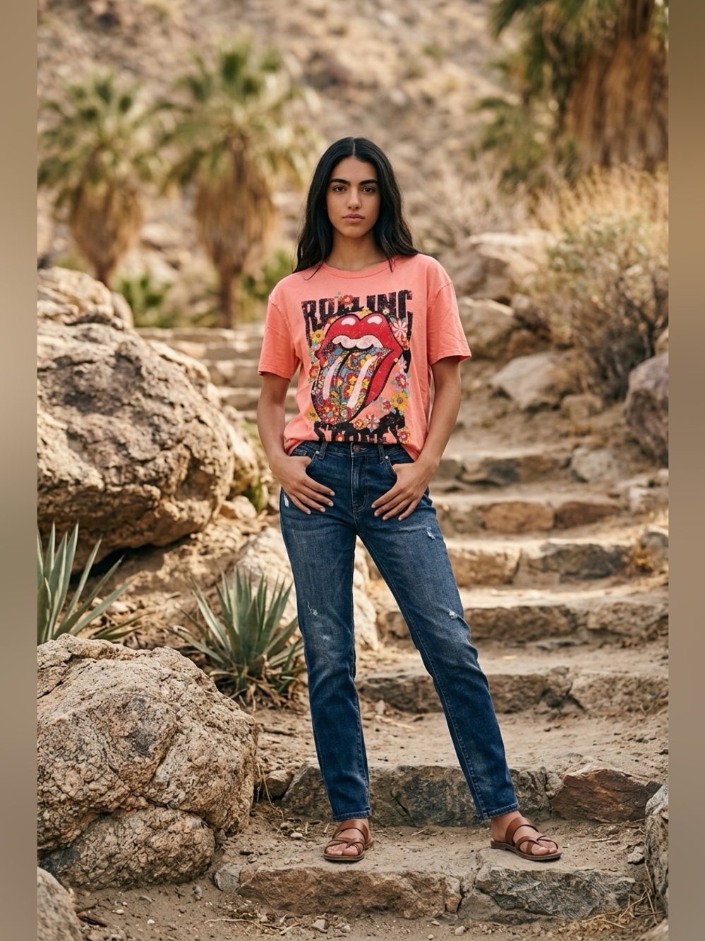 Rolling Stones Licensed Graphic T-Shirt - Coral in a Polyester/ Cotton brand.